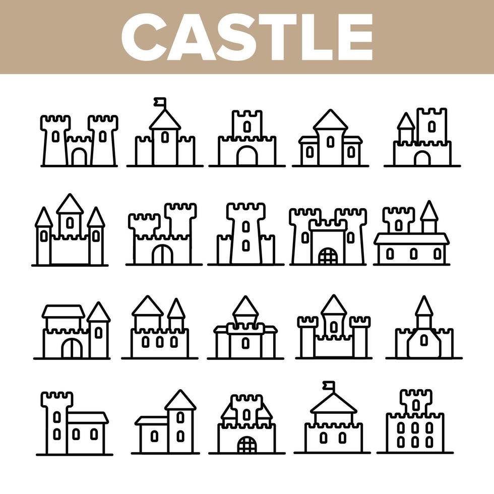 Castle, Medieval Buildings Linear Vector Icons Set
