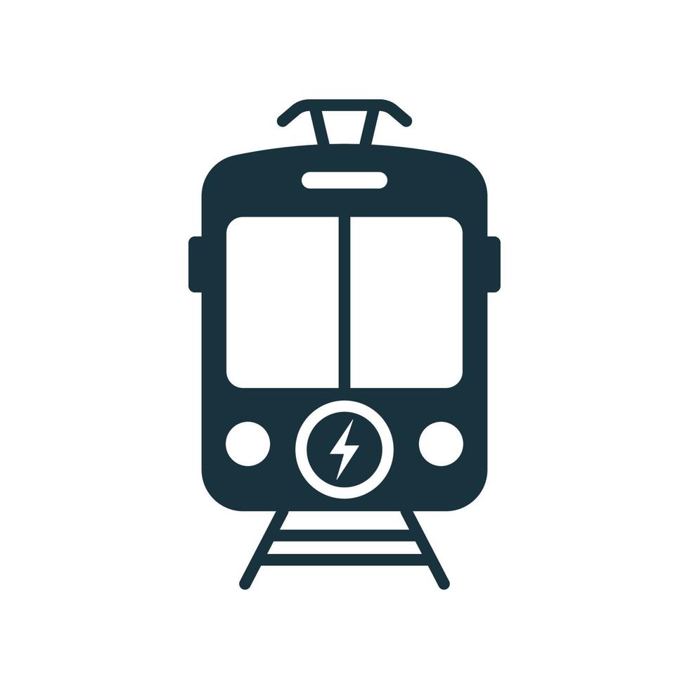 Stop Station Sign for Ecology Electrical Public Transport Black Icon. Electric Tram Silhouette Glyph Pictogram. Eco Streetcar in Front View Icon. Ecology Tramway Symbol. Isolated Vector Illustration.