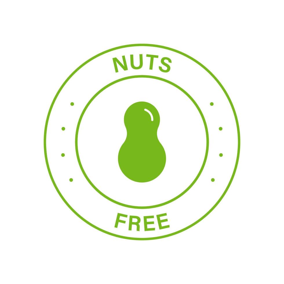 sello de círculo verde de nuez libre. evite la alergia alimentaria en el icono de maní. 100 por ciento no contiene etiqueta de maní. símbolo de producto de nueces gratis. logotipo de cacahuetes gratis. ilustración vectorial aislada. vector