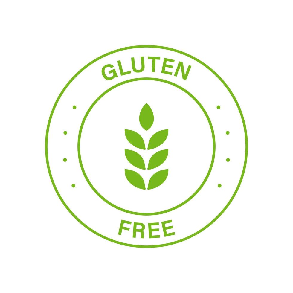 Gluten Free Green Circle Stamp. Non Wheat Allergy Label for Restaurant Menu. Organic Food Free Grain Symbol. No Gluten Nutrition Sign. No Gluten Diet Logo. Isolated Vector Illustration.