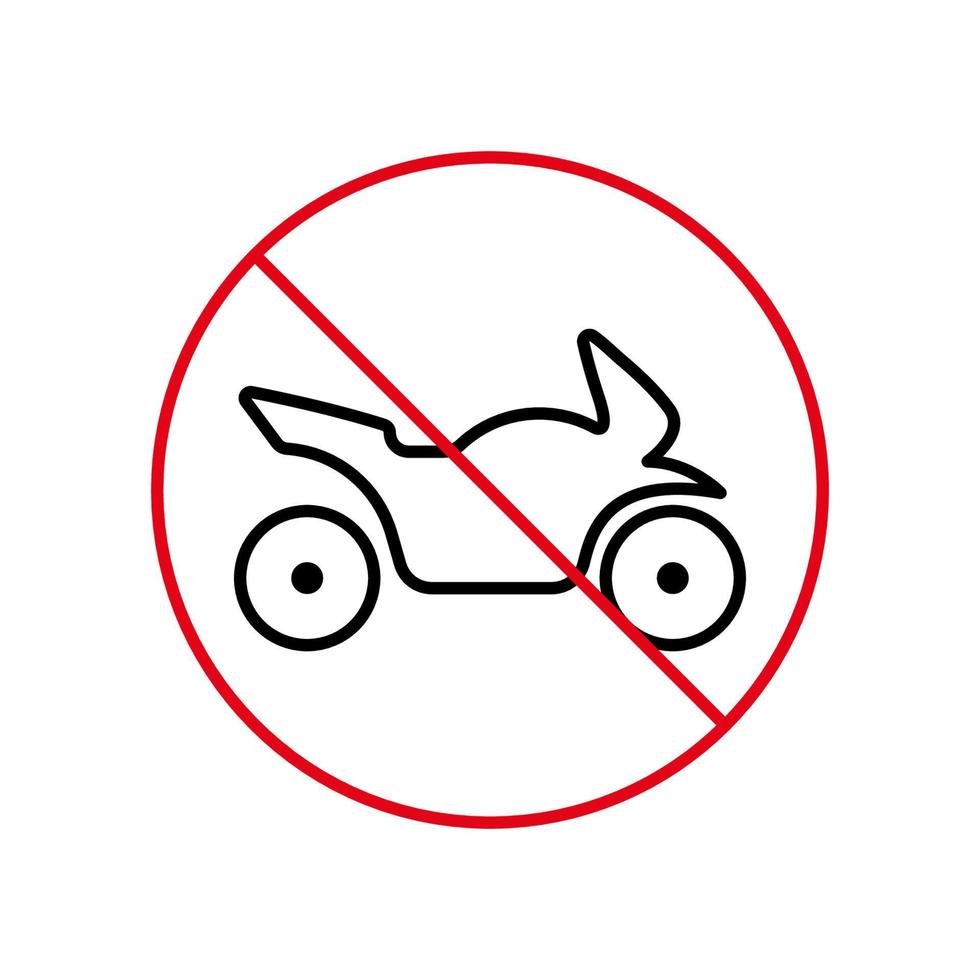 prohibir el icono de la línea negra de la motocicleta. pictograma de esquema prohibido de estacionamiento restringido de motos. símbolo de círculo rojo de parada de moto prohibido. atención ninguna señal de carretera de moto. ilustración vectorial aislada. vector