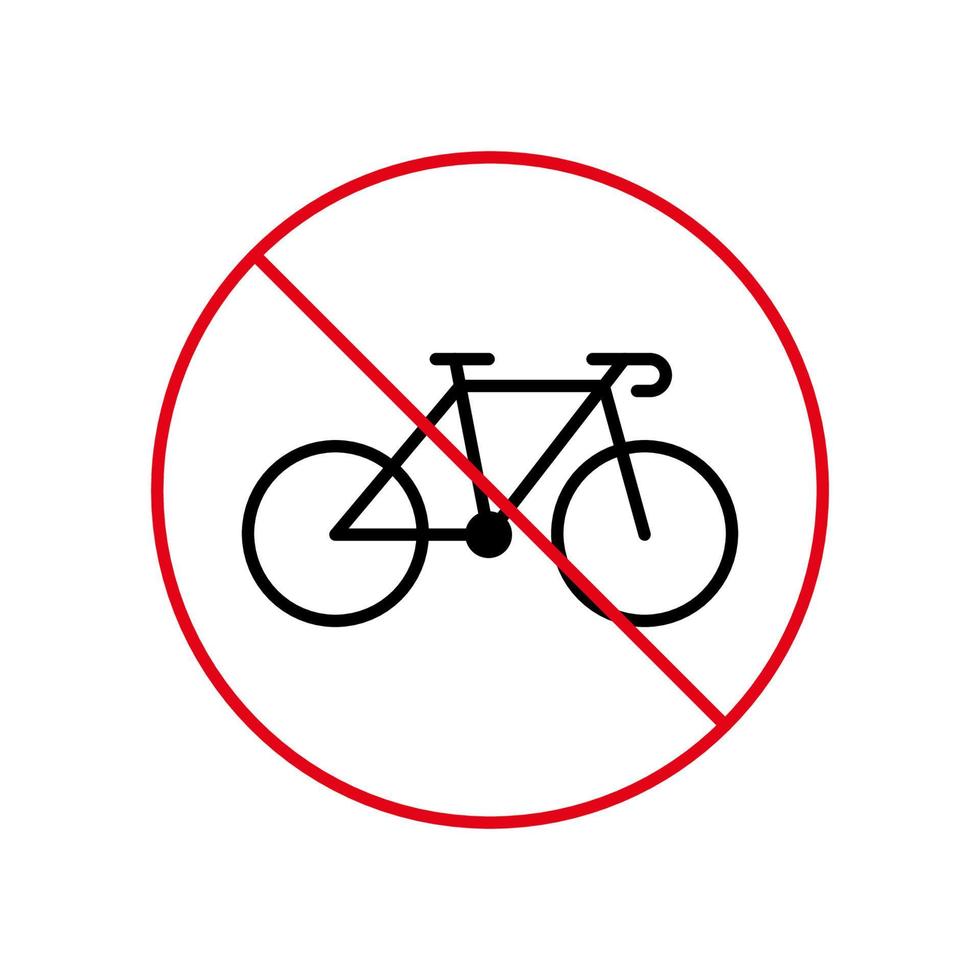 icono de línea negra de prohibición de ciclo de bicicleta. pictograma de contorno prohibido de estacionamiento de bicicletas. símbolo de círculo de parada roja de carrera de bicicletas. no se permiten señales de tráfico para bicicletas. bicicleta prohibida. ilustración vectorial aislada. vector