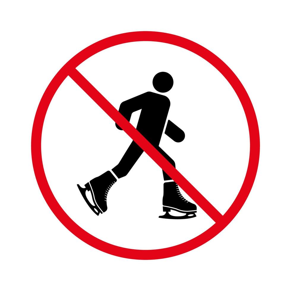 Ban Figure Skating Black Silhouette Icon. Man Skater Forbidden Pictogram. Person in Ice Skate Shoe Red Stop Circle Symbol. No Allowed Training on Ice Rink Sign. Isolated Vector Illustration.