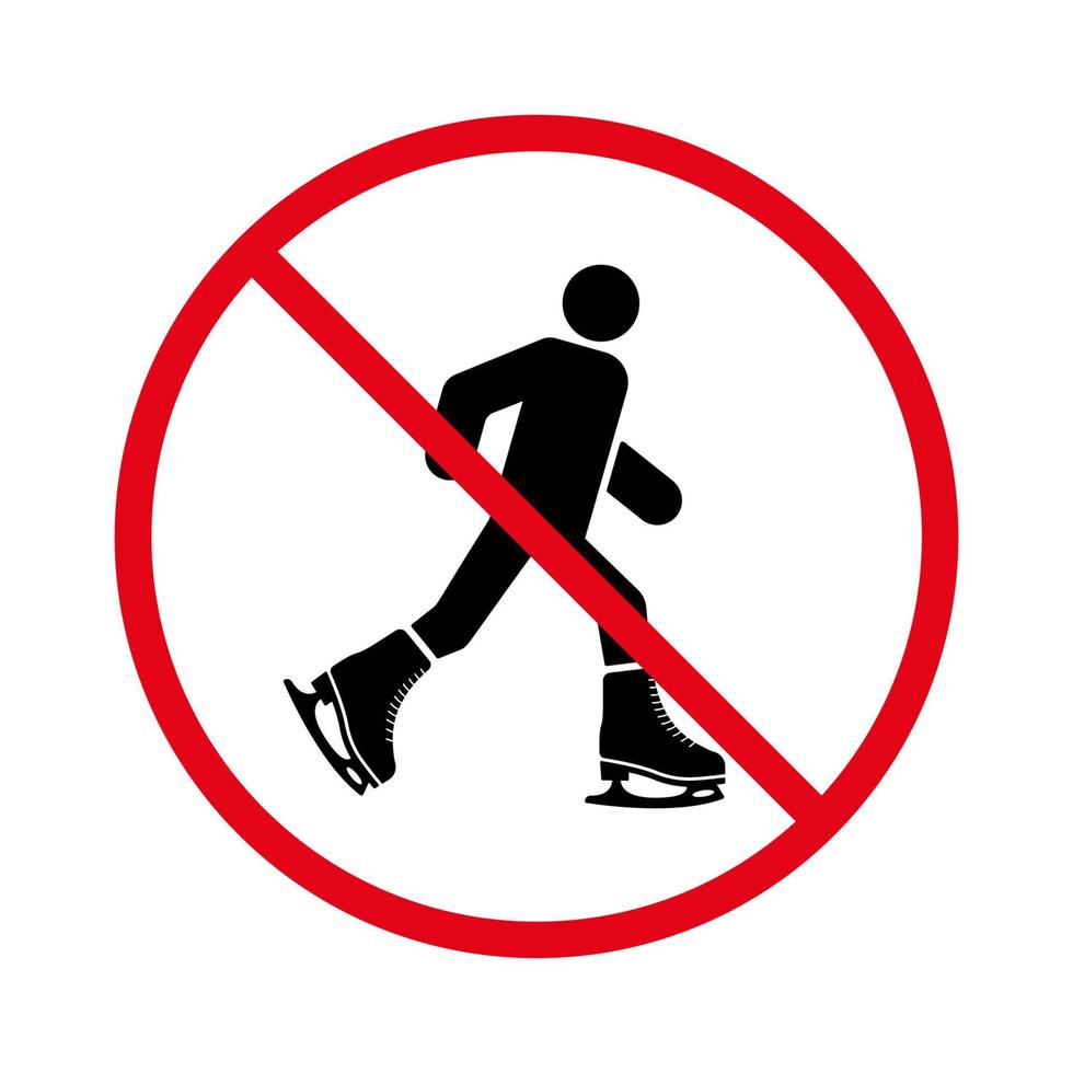 prohibir el icono de silueta negra de patinaje artístico. hombre patinador pictograma prohibido. persona en zapato de patinaje sobre hielo símbolo de círculo de parada roja. no se permite el entrenamiento en el cartel de la pista de hielo. ilustración vectorial aislada. vector