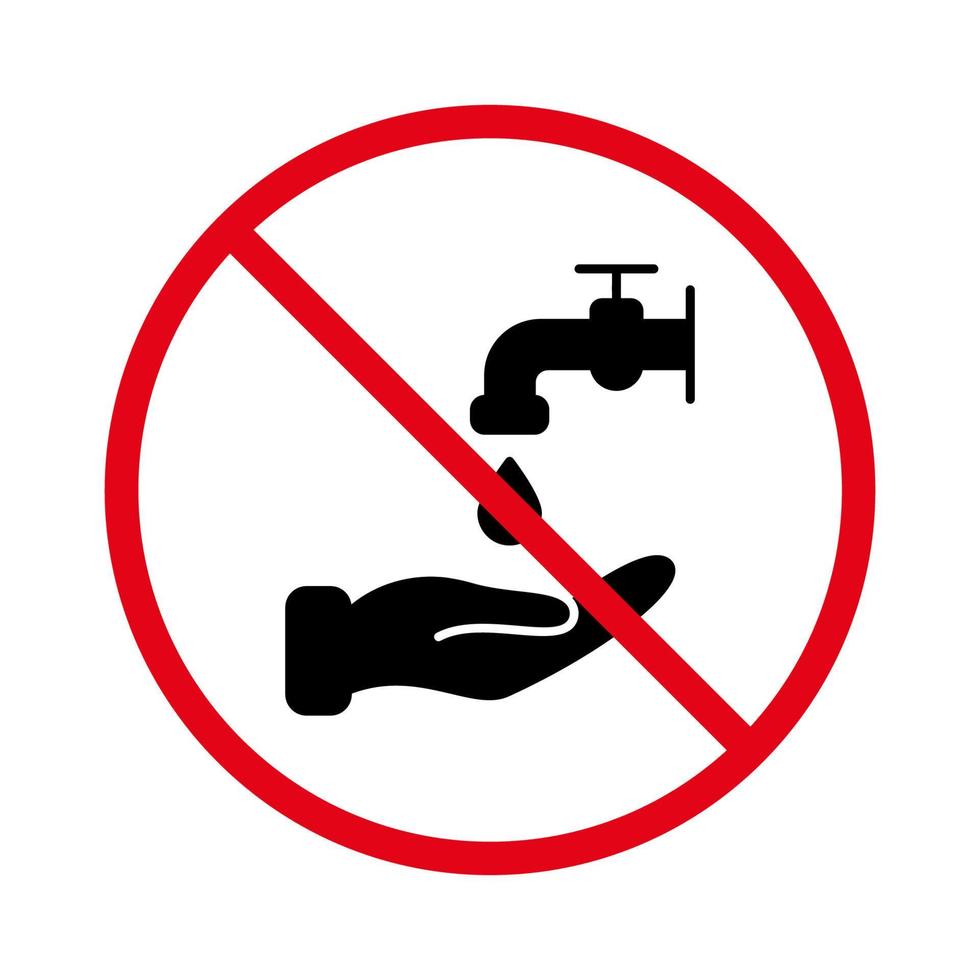 Prohibido beber agua no potable. no use el símbolo del círculo de parada roja de la bebida de peligro del grifo. no se permiten signos de líquidos tóxicos. icono de silueta negra de agua no potable prohibido. ilustración vectorial aislada. vector