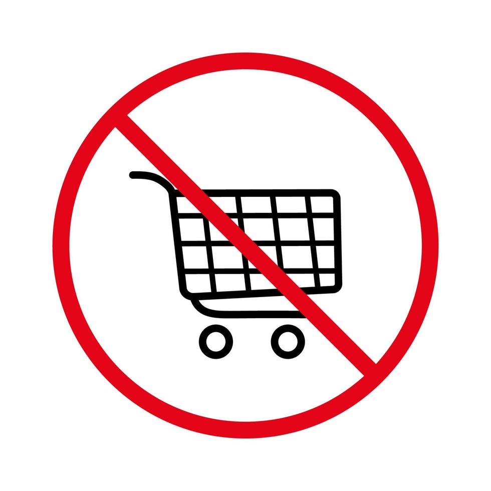 no se permite el letrero del carro de la tienda. cesta de carro en el icono de silueta negra de prohibición de supermercado. prohibir el pictograma de venta al por menor de la tienda. símbolo de parada del mercado de Internet. prohibir comprar en línea. ilustración vectorial aislada. vector