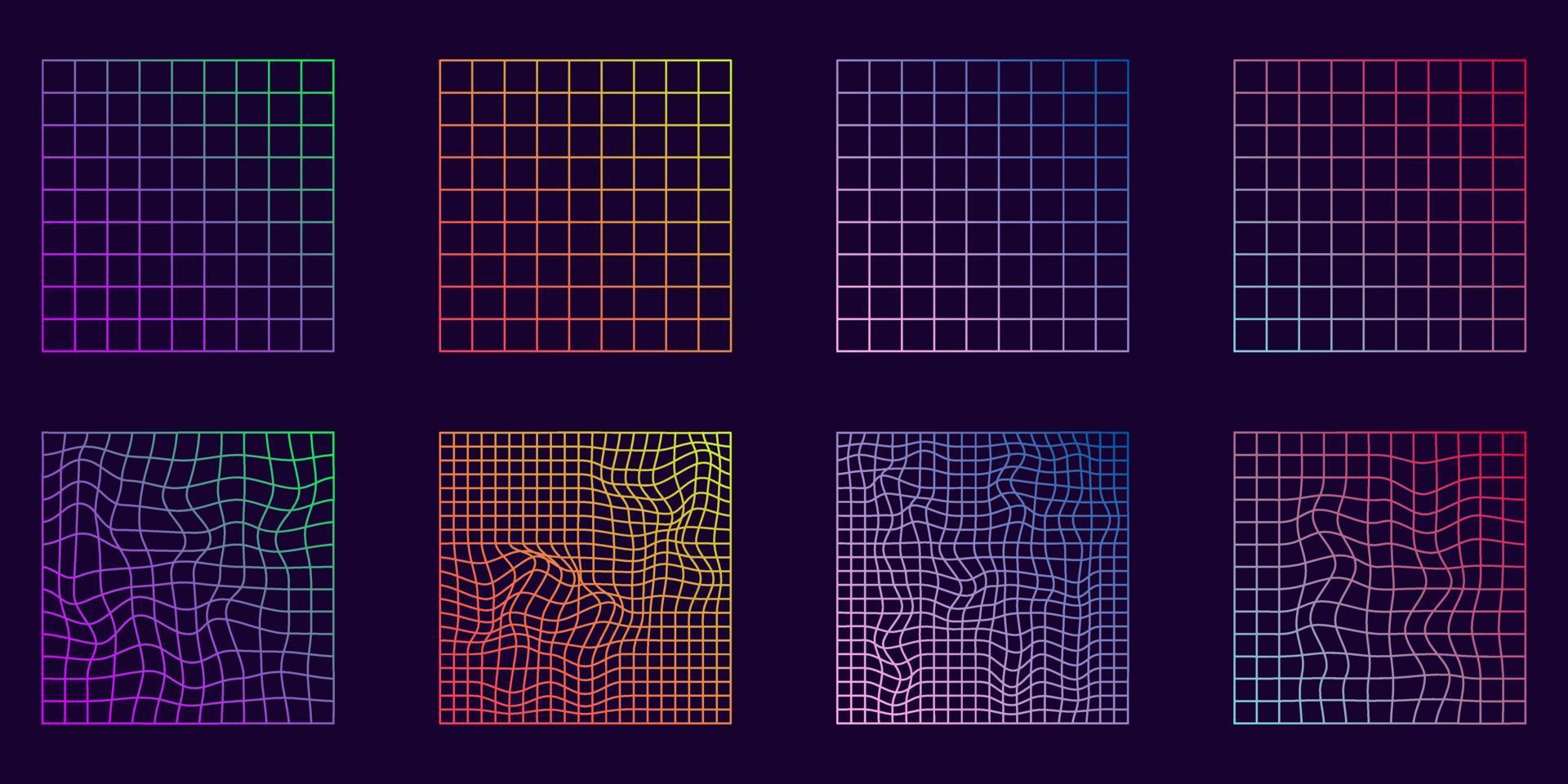 Distorted Grid Square Neon Pattern. Warp Futuristic Geometric Square Glitch. Abstract Modern Design. Wave Ripple Perspective Square. Isolated Vector Illustration.