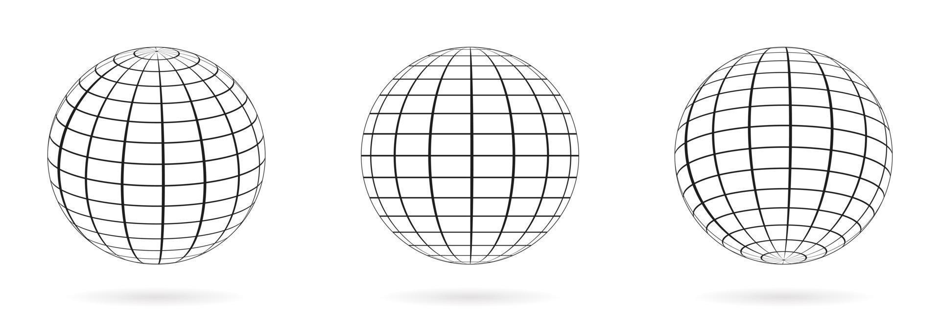 Wired Line 3D Planet Globe. Wireframe Globe Surface. Globe Grid Sphere Set. 3D Wire Global Earth Latitude, Longitude. Geometric Grid Globe. Round Grid Mesh Ball. Isolated Vector Illustration.