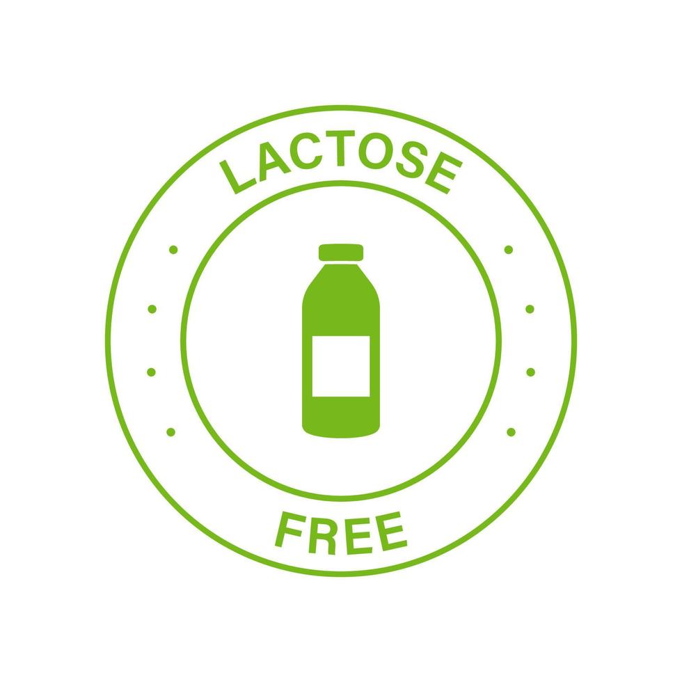 sello de círculo verde sin lactosa. Icono de alimentos lácteos 100 por ciento gratis. etiqueta de ingredientes alérgenos. símbolo de lactosa libre de productos naturales ecológicos. sin logotipo de leche con lactosa. ilustración vectorial aislada. vector