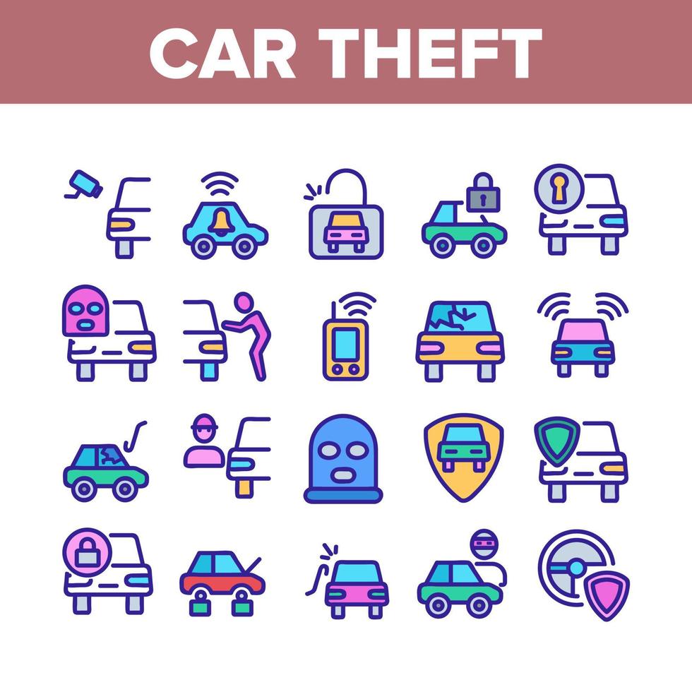 Car Theft Collection Elements Icons Set Vector