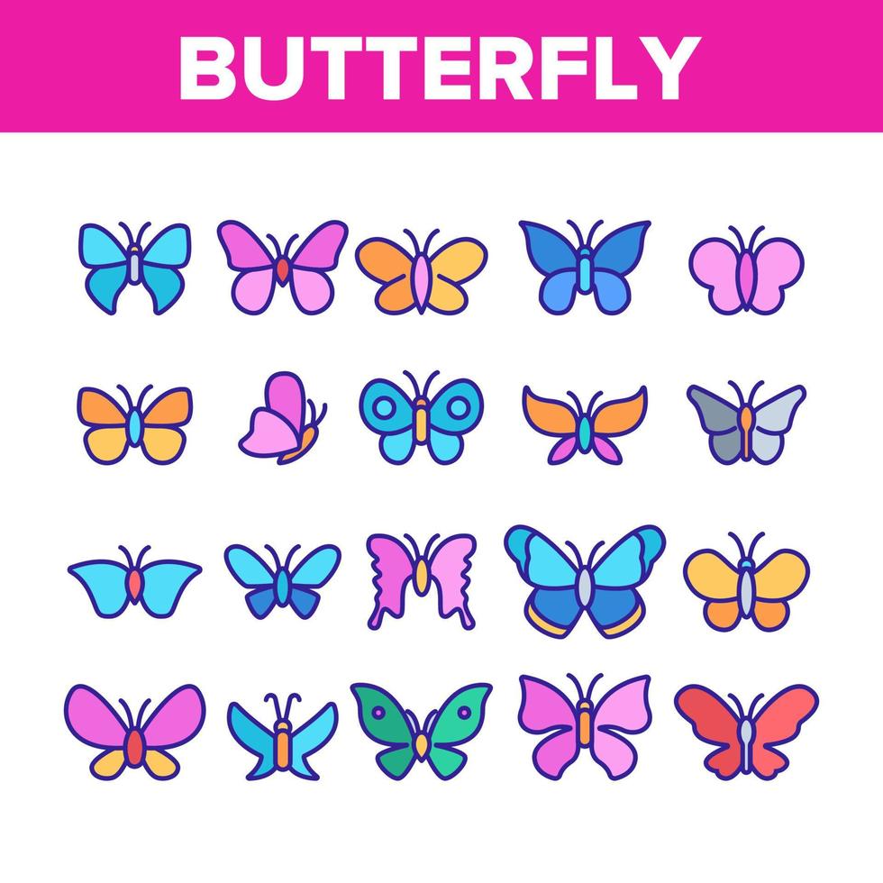 conjunto de iconos de elementos de colección de mariposas vector