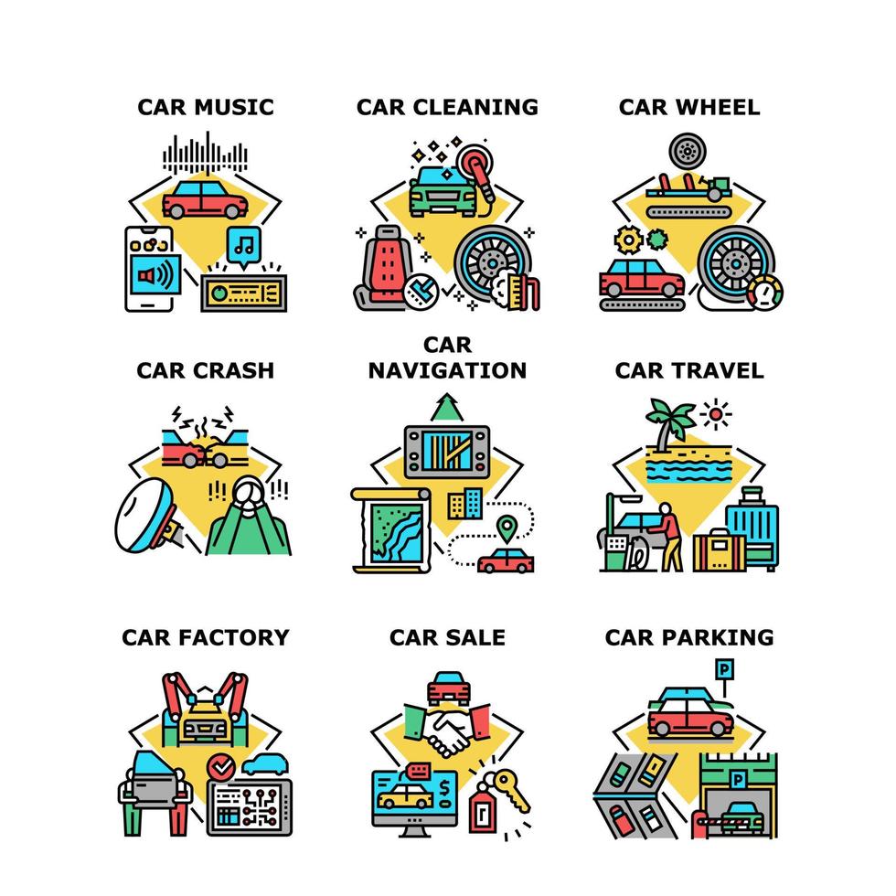 Car Travel Vacation Set Icons Vector Illustrations