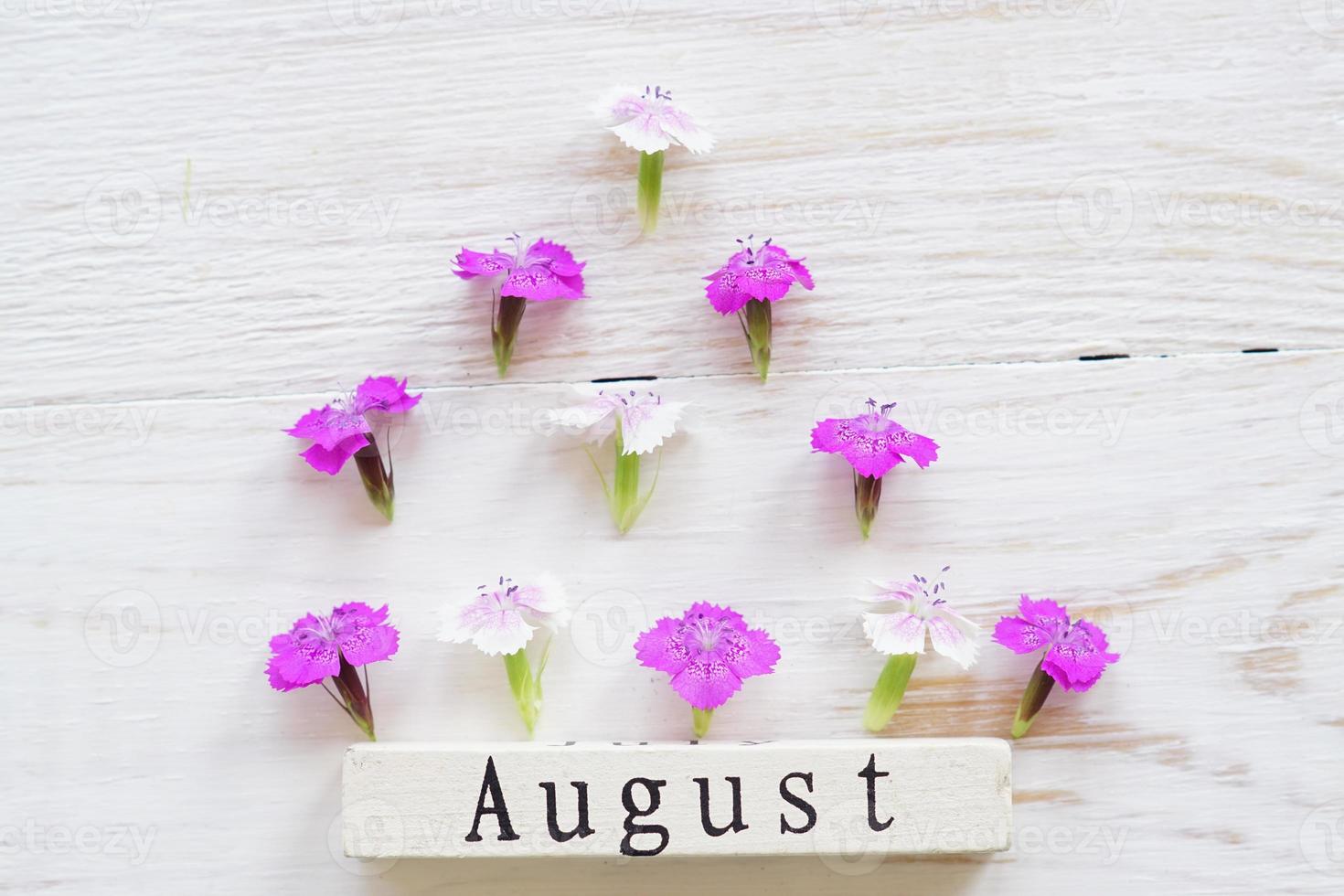 top view of wooden calendar with August sign and pink flowers. photo