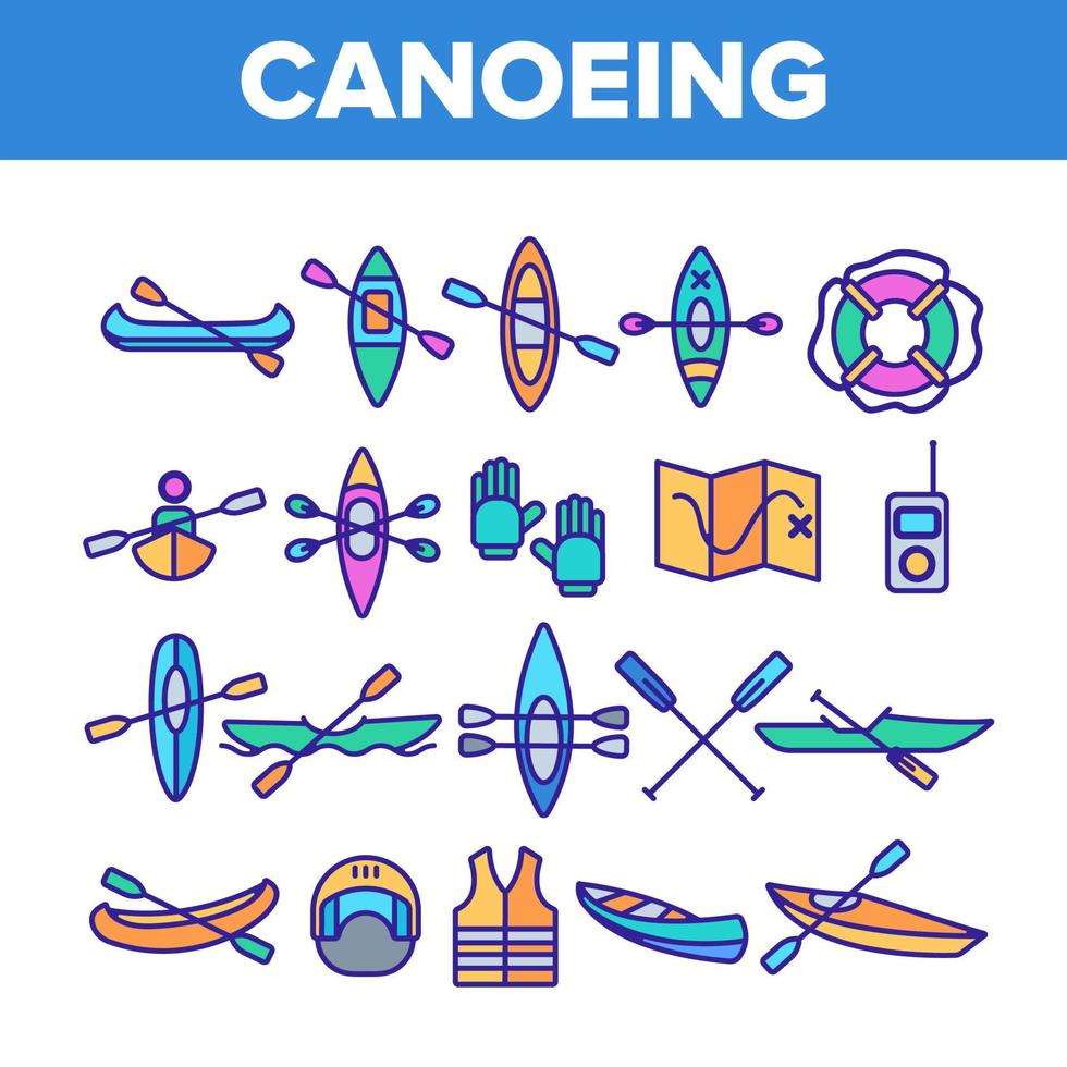 Canoeing, Active Rest Vector Color Line Icons Set