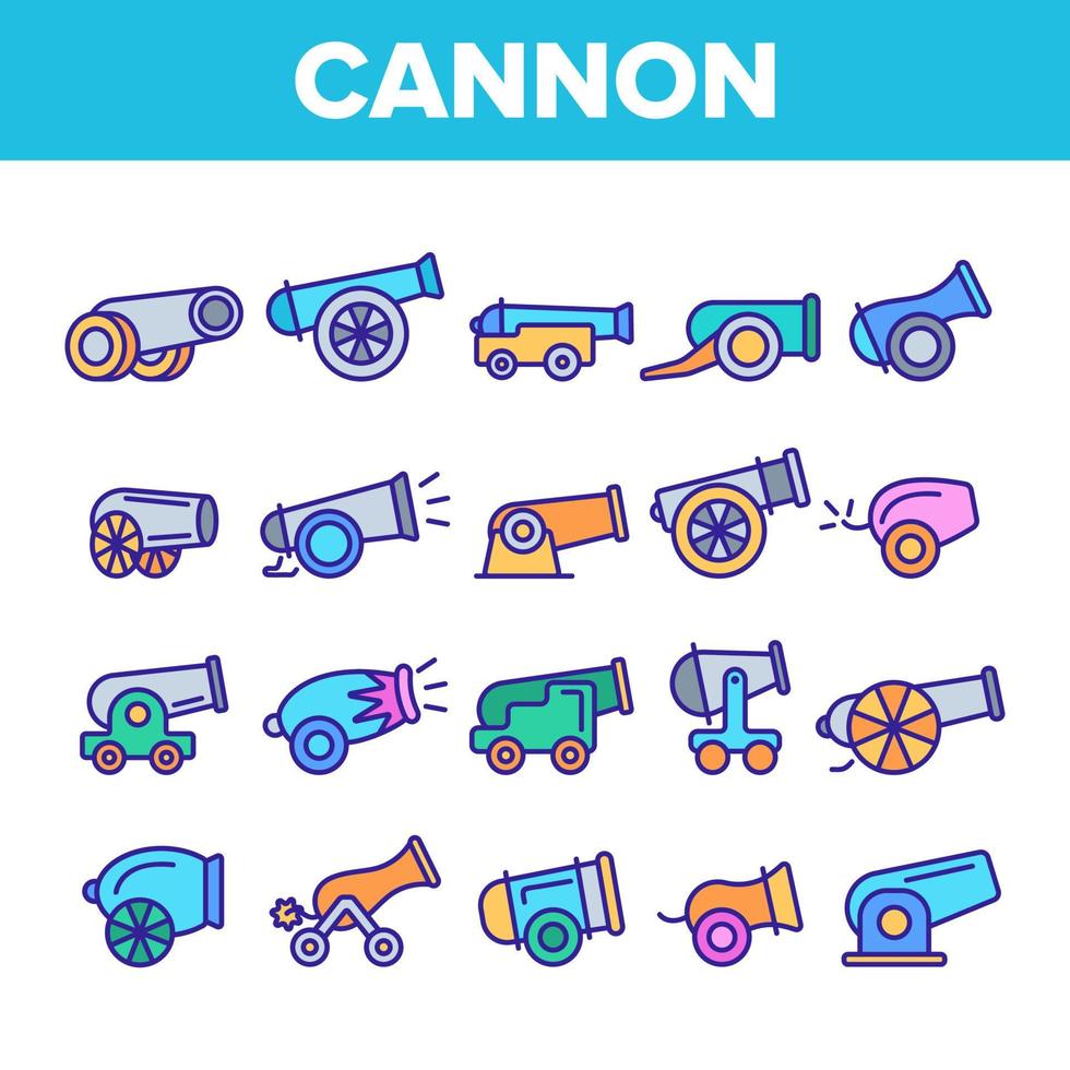 Old Cannons, Artillery Linear Icons Vector Set