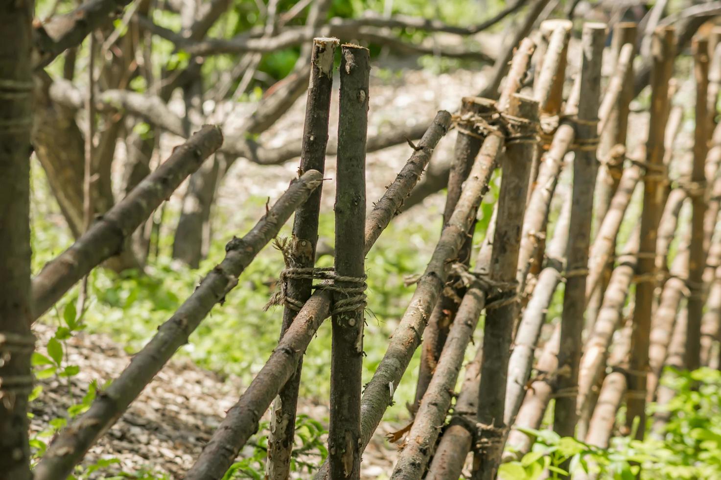 Wooden fence made of branches. Decoration of the city park. photo