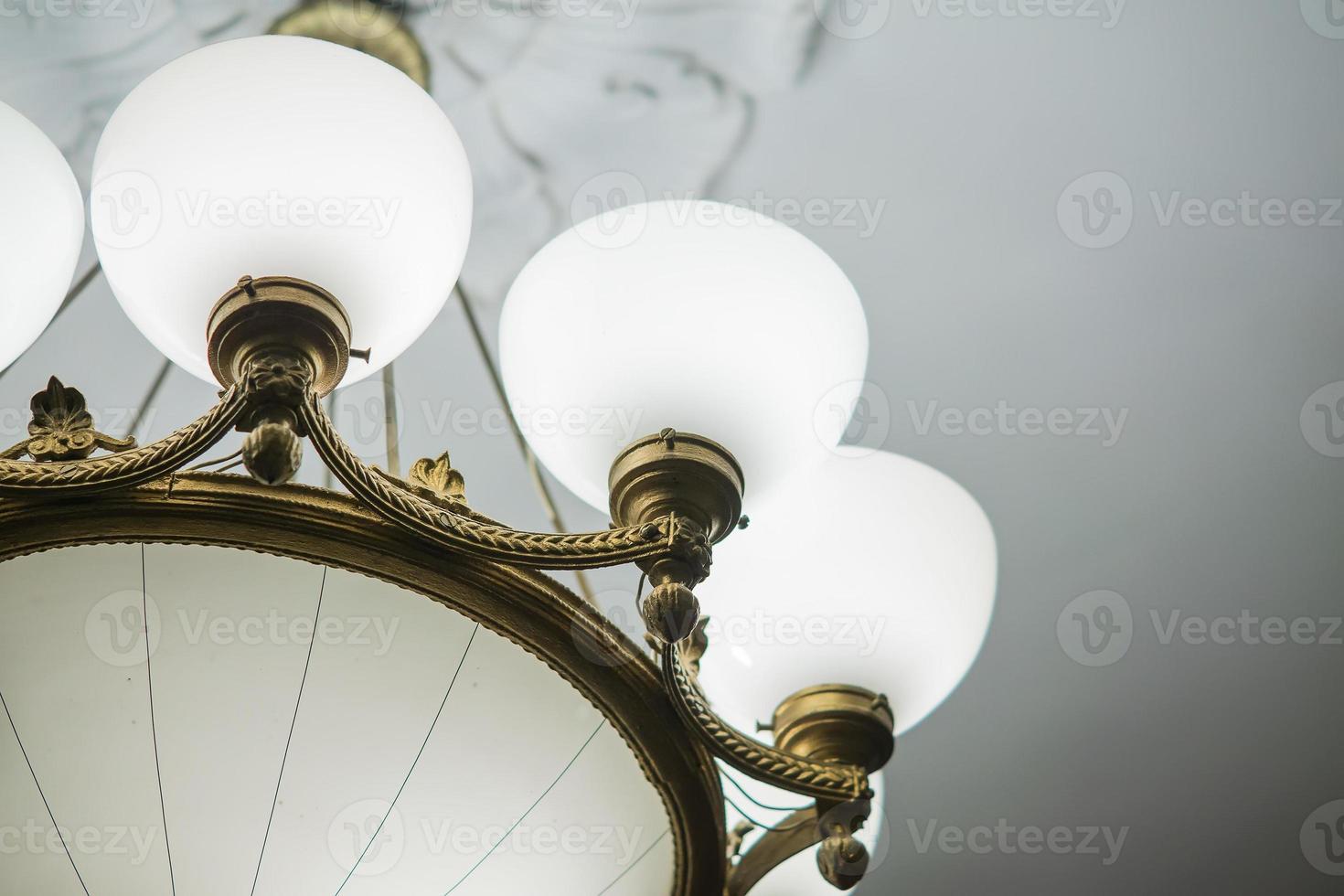 retro styled chandelier on ceiling, closeup photo