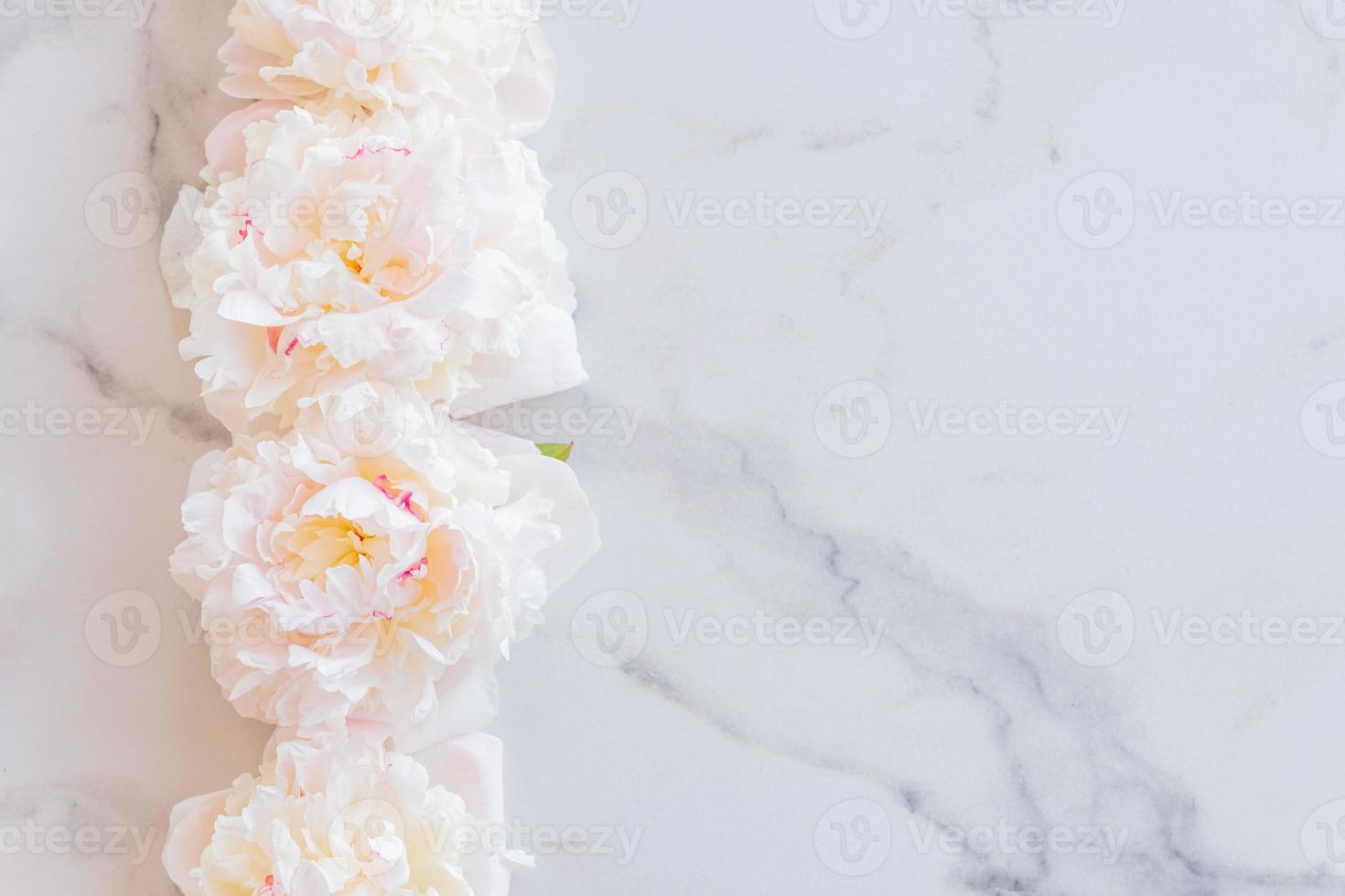 plantilla para una tarjeta de felicitación romántica con peonías cremosas sobre un fondo de mármol blanco. flores florecientes sobre un fondo blanco. peonías rosas sobre una mesa de mármol blanco, puesta plana foto