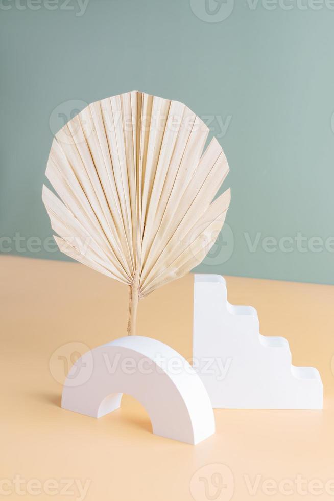 Podium with dry palm branches for product presentation. Abstract minimal geometrical form on beige background. Showcase with soft shadow. Scene, display. photo