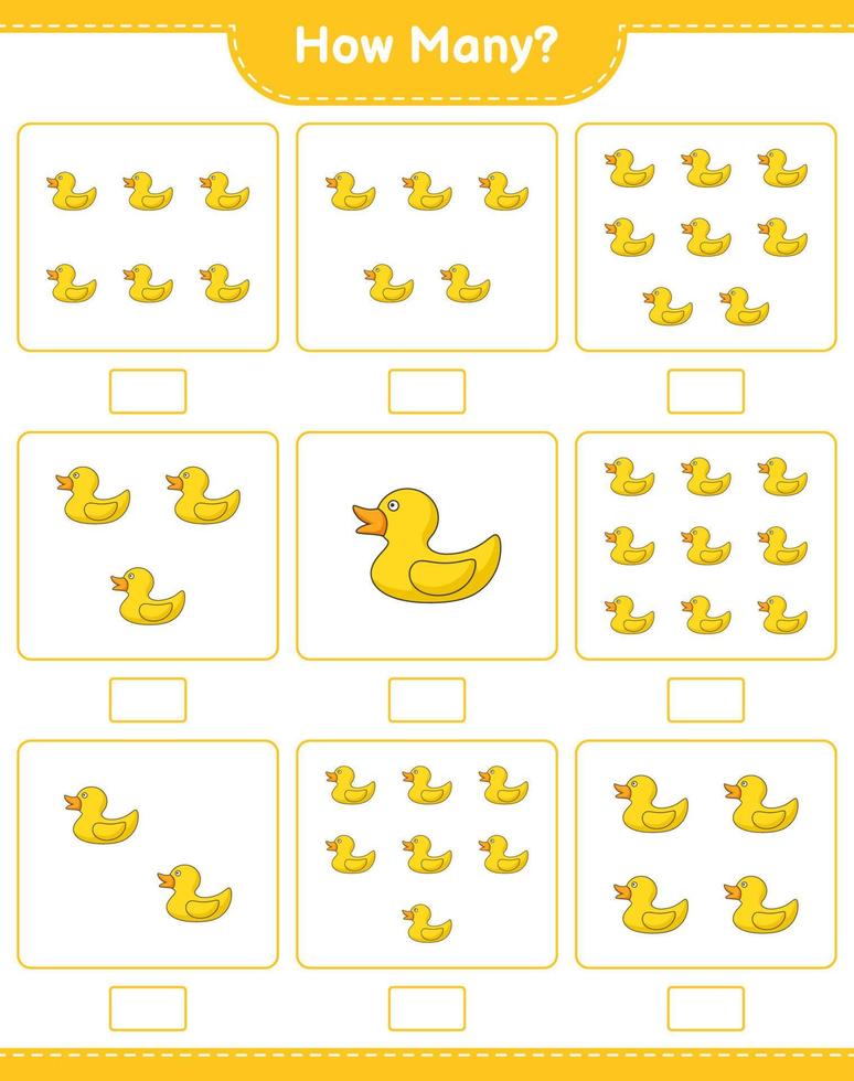 Counting game, how many Rubber Duck. Educational children game, printable worksheet, vector illustration