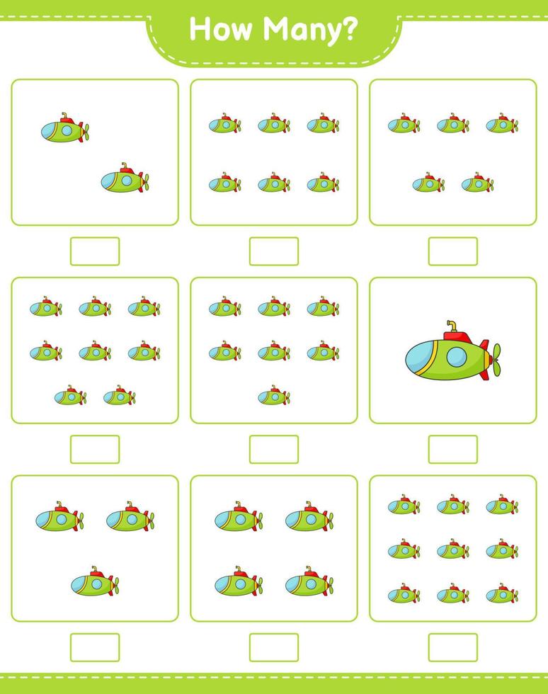Counting game, how many Submarine. Educational children game, printable worksheet, vector illustration