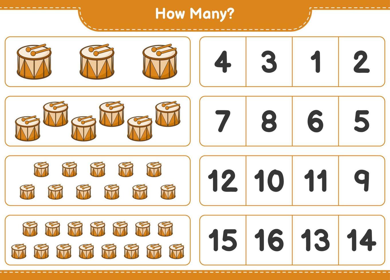 Counting game, how many Drum. Educational children game, printable worksheet, vector illustration