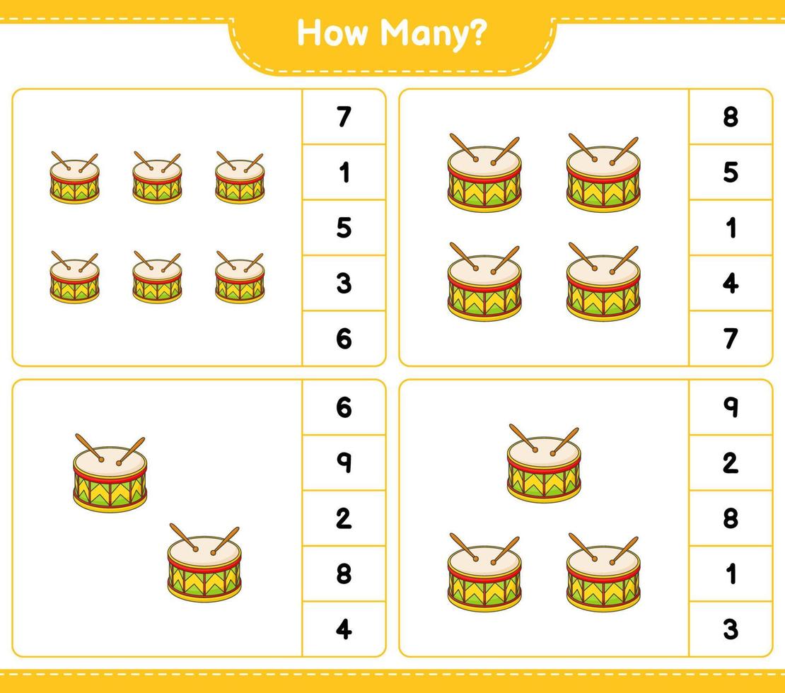Counting game, how many Drum. Educational children game, printable worksheet, vector illustration