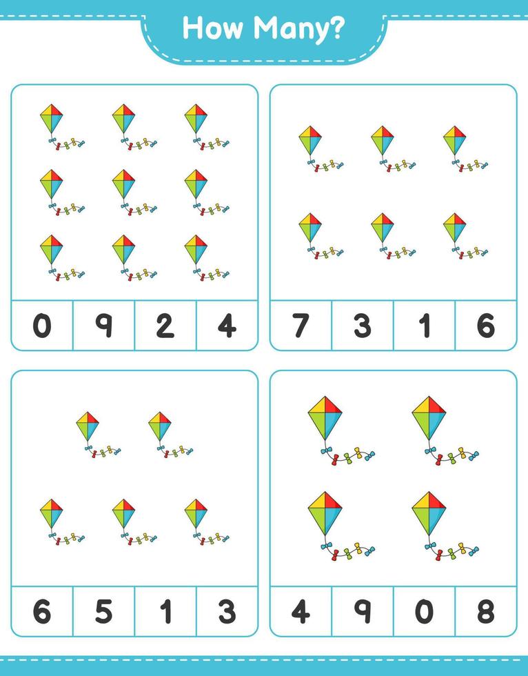 juego de conteo, cuántas cometas. juego educativo para niños, hoja de cálculo imprimible, ilustración vectorial vector