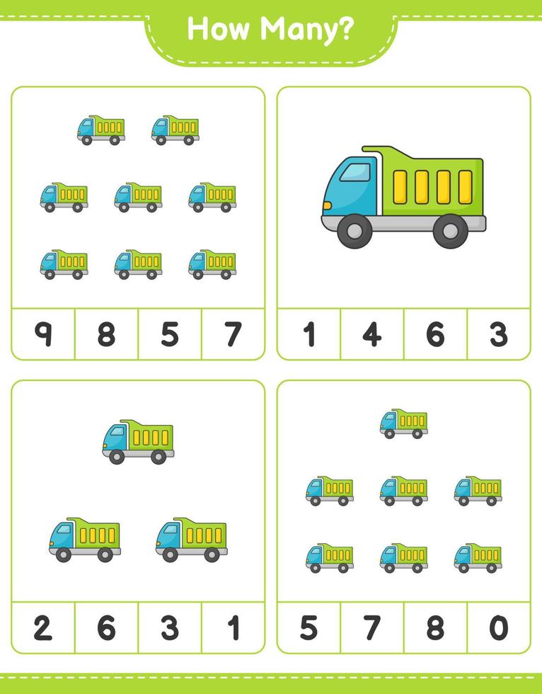 Counting game, how many Lorry. Educational children game, printable worksheet, vector illustration