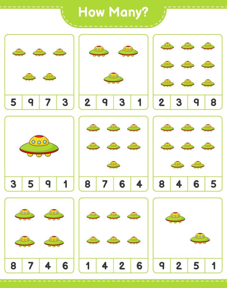 Counting game, how many Ufo. Educational children game, printable worksheet, vector illustration