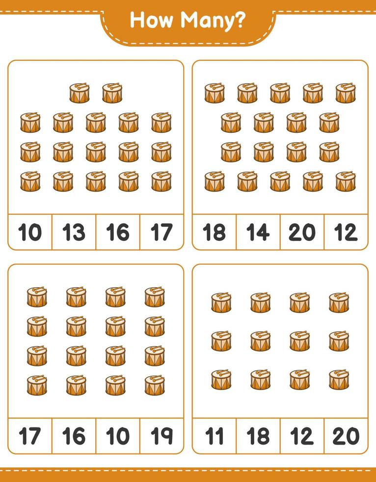 Counting game, how many Drum. Educational children game, printable worksheet, vector illustration