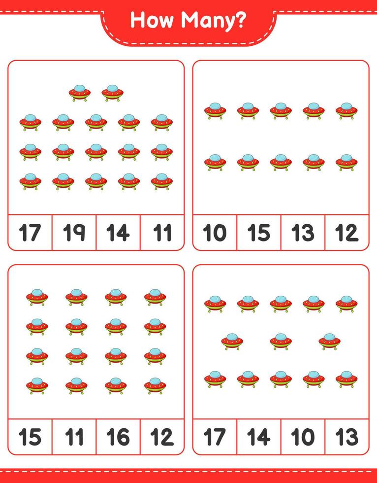 Counting game, how many Ufo. Educational children game, printable worksheet, vector illustration