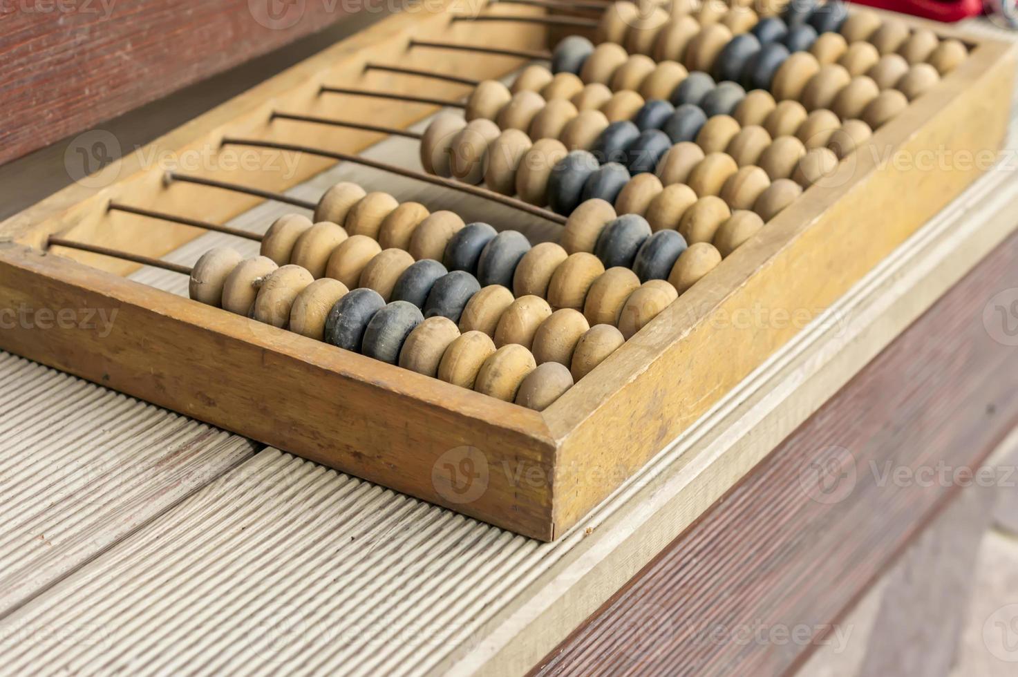Old wooden abacus on wooden background. Close-up. photo