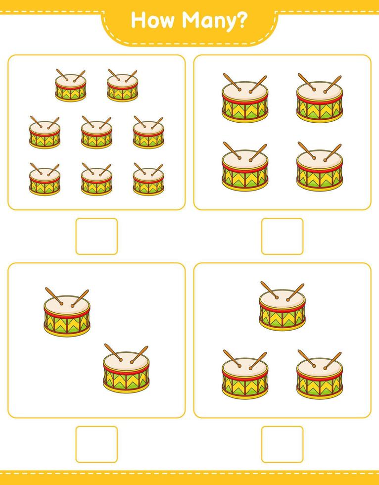 Counting game, how many Drum. Educational children game, printable worksheet, vector illustration