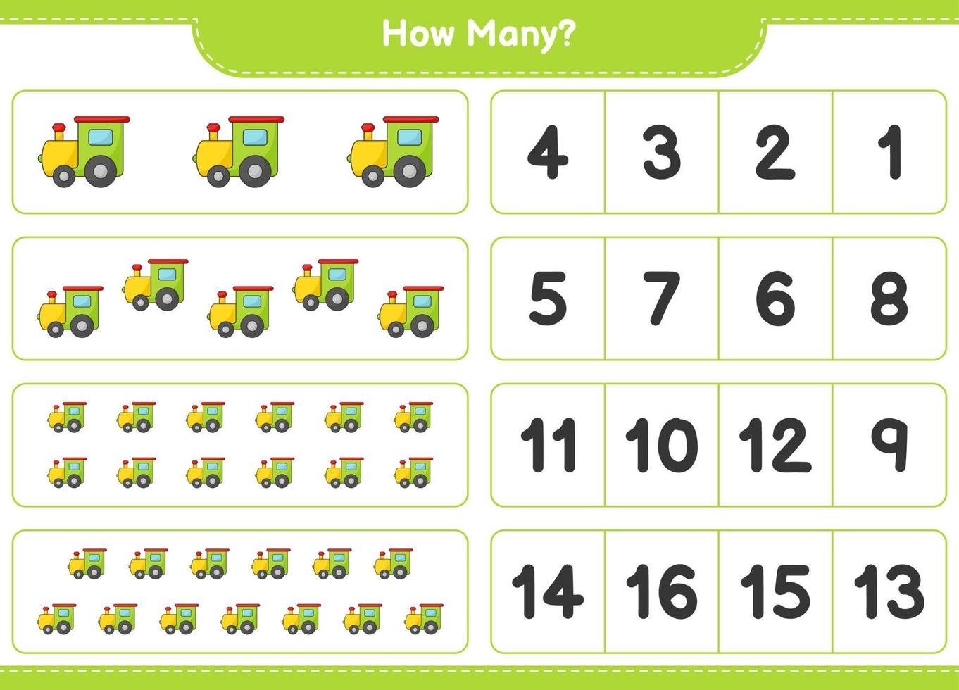 Counting game, how many Train. Educational children game, printable worksheet, vector illustration