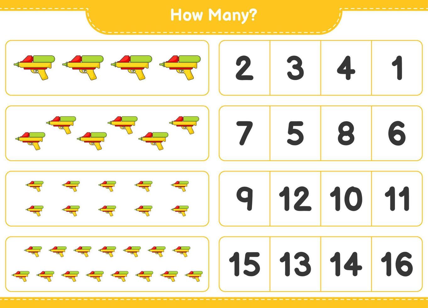 Counting game, how many Water Gun. Educational children game, printable worksheet, vector illustration