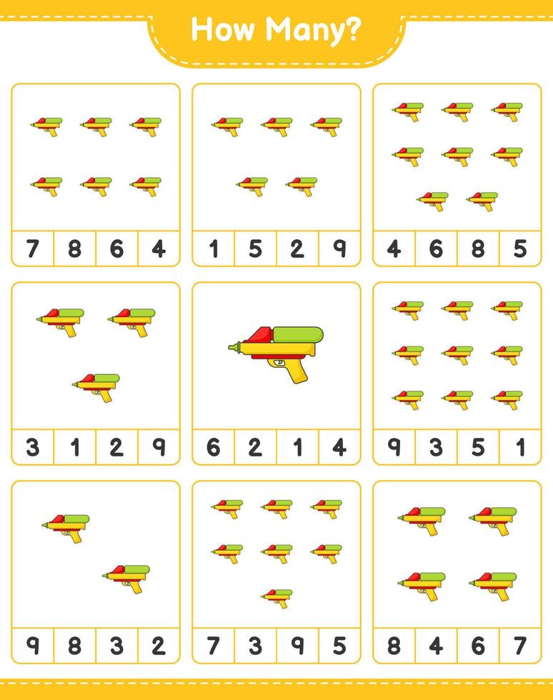 Counting game, how many Water Gun. Educational children game, printable worksheet, vector illustration