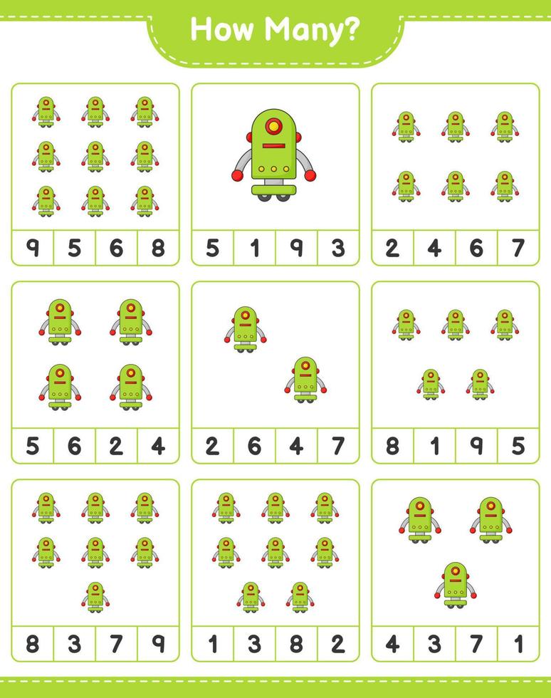 Counting game, how many Robot Character. Educational children game, printable worksheet, vector illustration