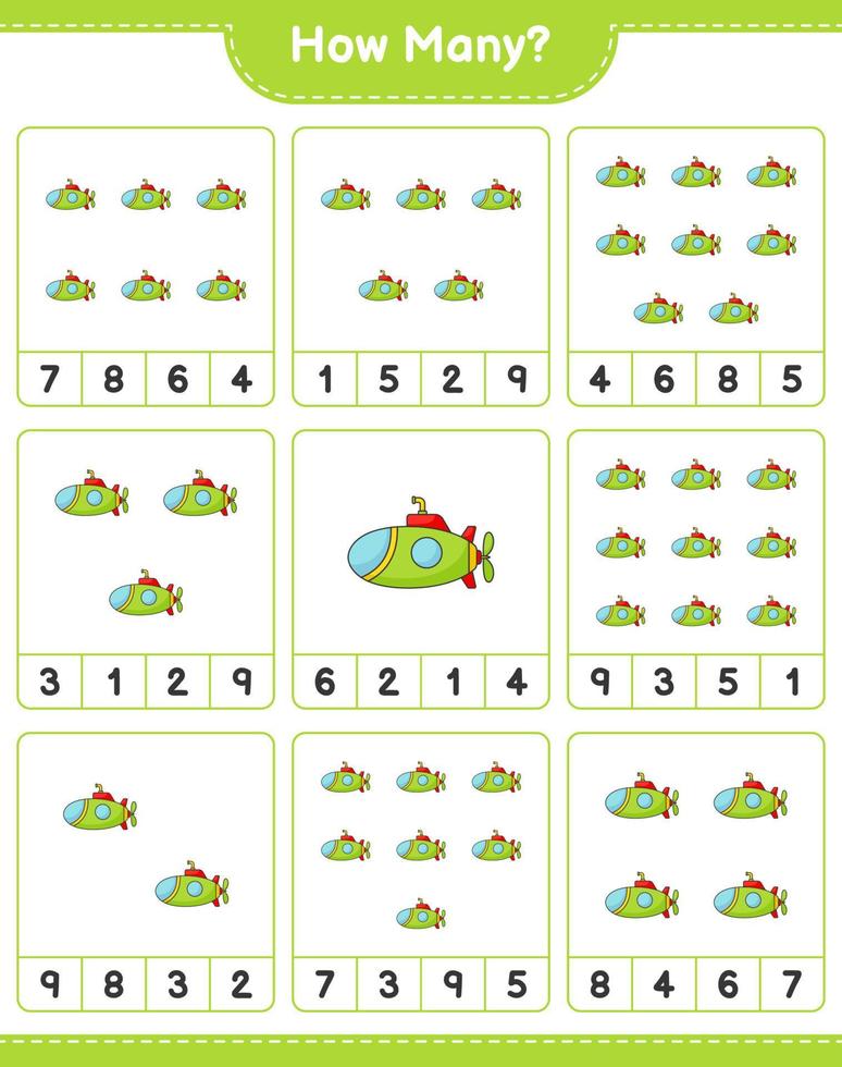 Counting game, how many Submarine. Educational children game, printable worksheet, vector illustration