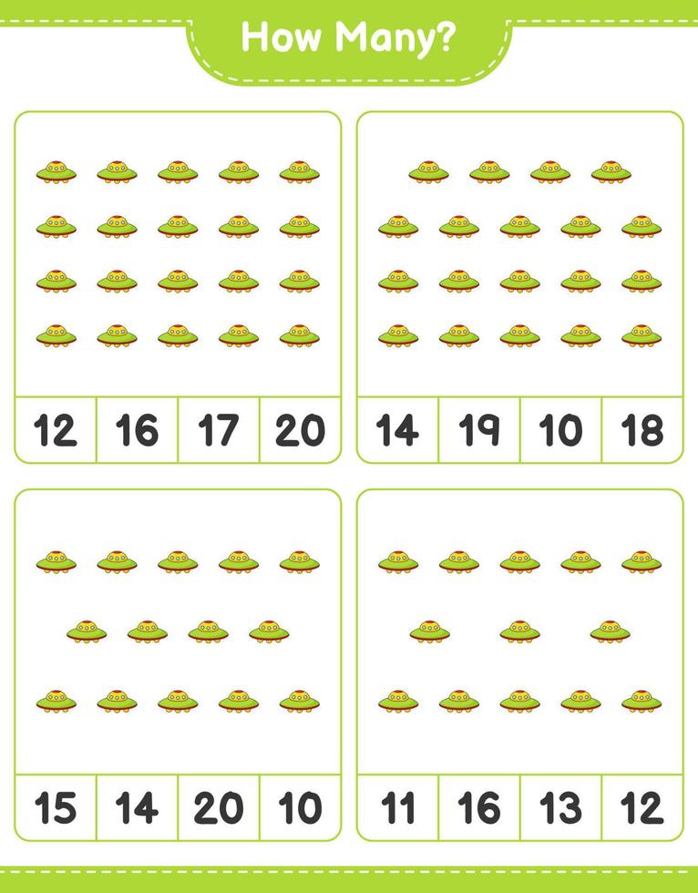 Counting game, how many Ufo. Educational children game, printable worksheet, vector illustration