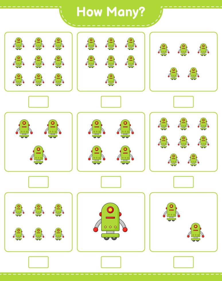 Counting game, how many Robot Character. Educational children game, printable worksheet, vector illustration