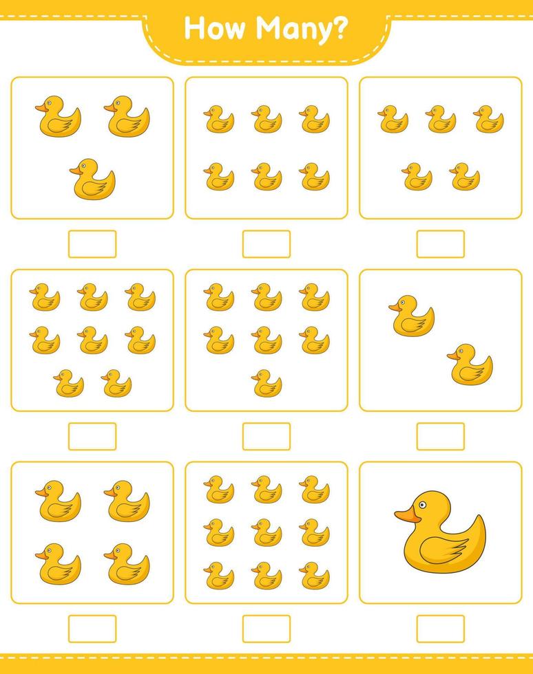 Counting game, how many Rubber Duck. Educational children game, printable worksheet, vector illustration