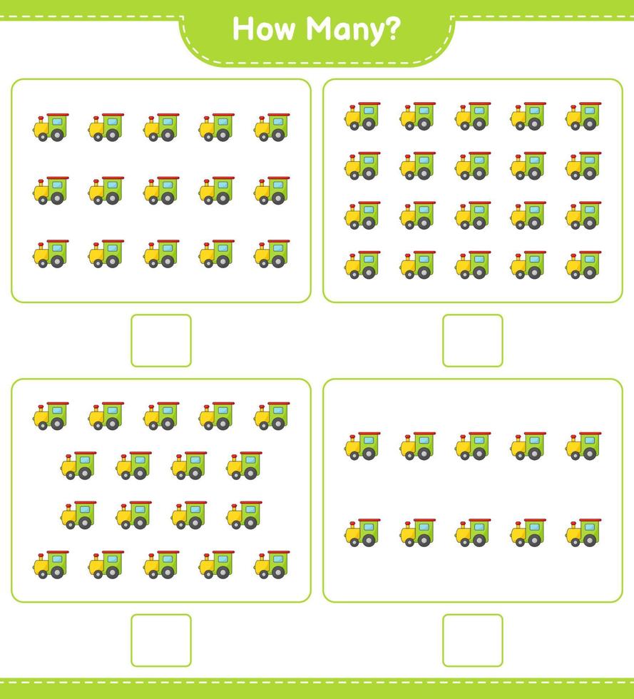 Counting game, how many Train. Educational children game, printable worksheet, vector illustration