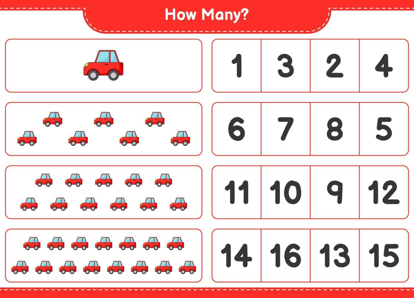 Counting game, how many Car. Educational children game, printable worksheet, vector illustration