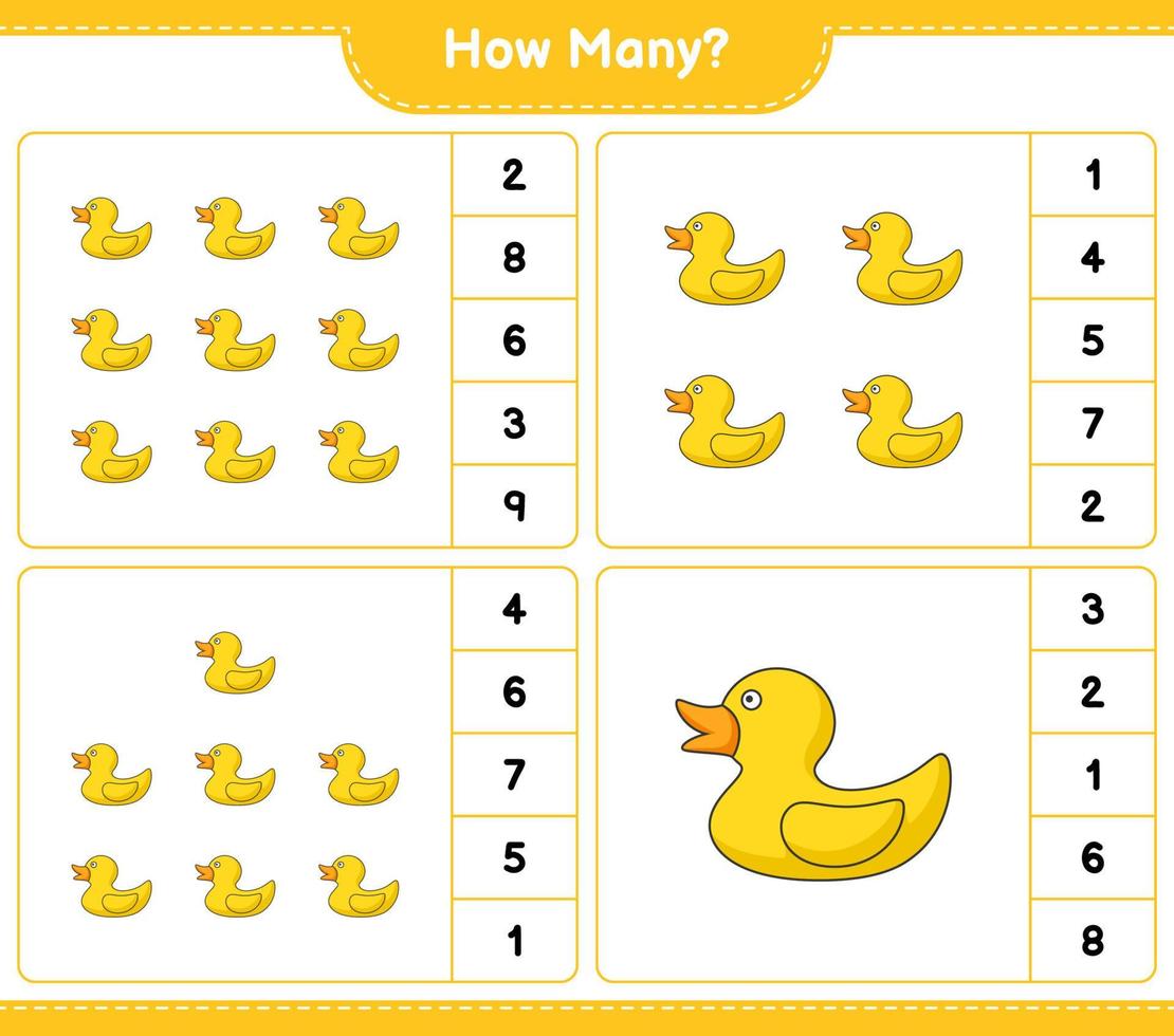 Counting game, how many Rubber Duck. Educational children game, printable worksheet, vector illustration