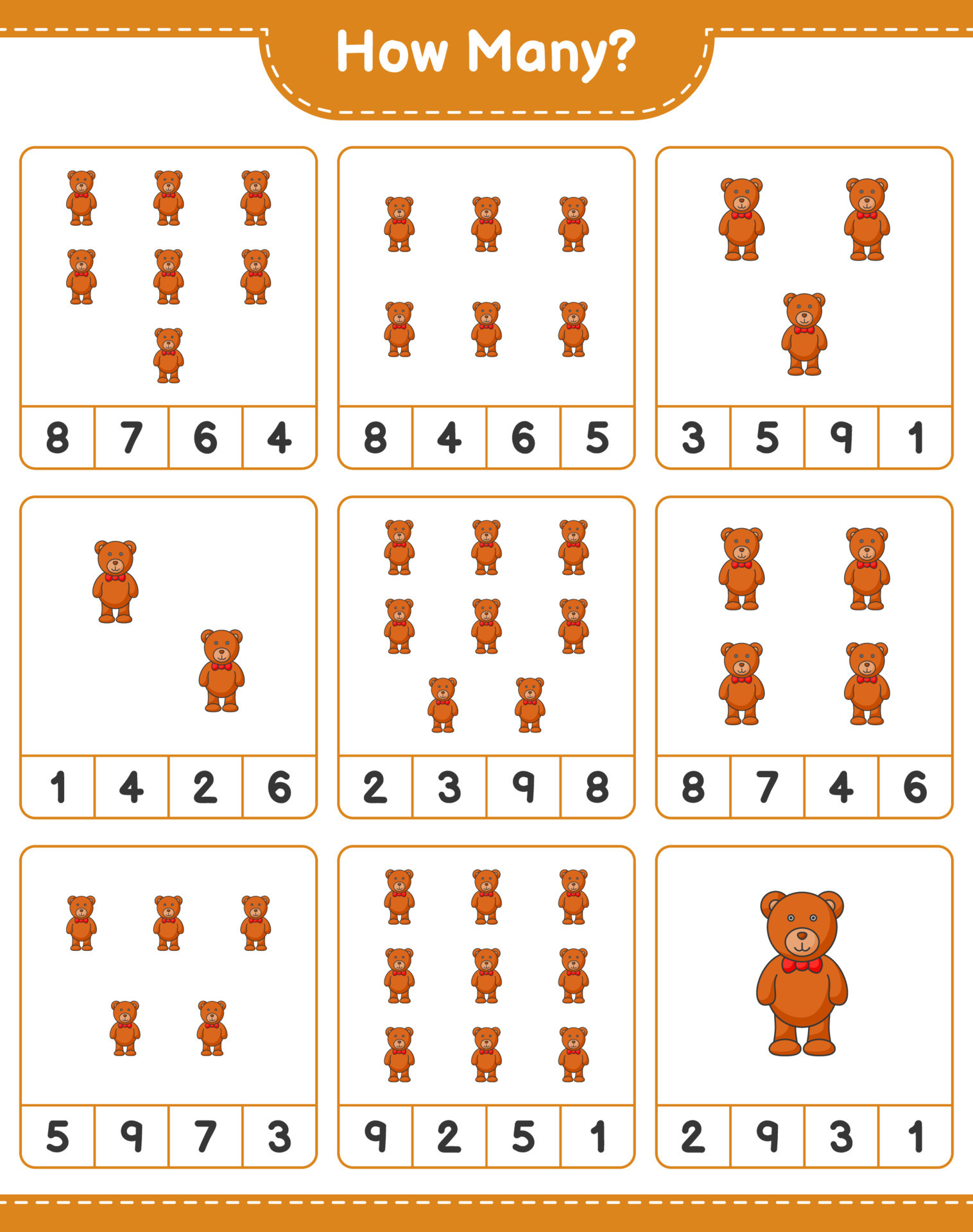 Counting game, how many Teddy Bear. Educational children game, printable worksheet, vector