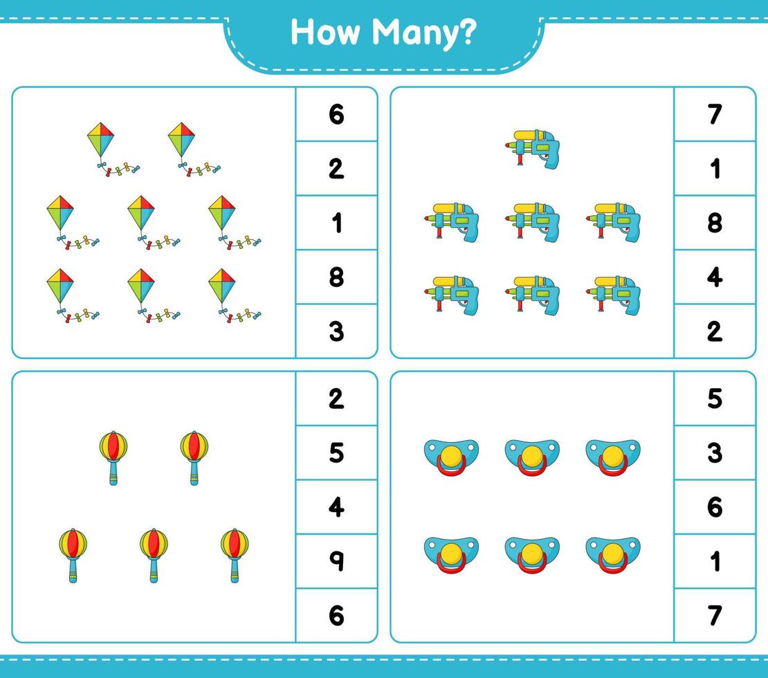 Counting game, how many Kite, Water Gun, Baby Rattle, and Pacifier. Educational children game, printable worksheet, vector illustration