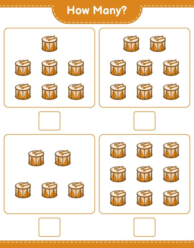 Counting game, how many Drum. Educational children game, printable worksheet, vector illustration