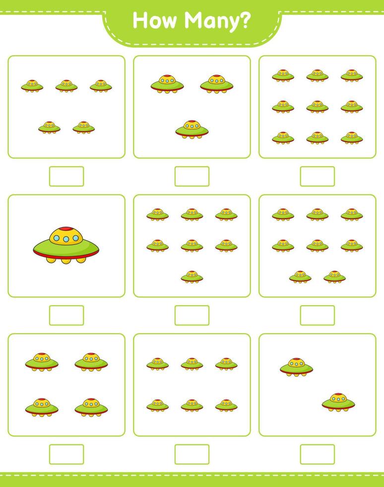 Counting game, how many Ufo. Educational children game, printable worksheet, vector illustration