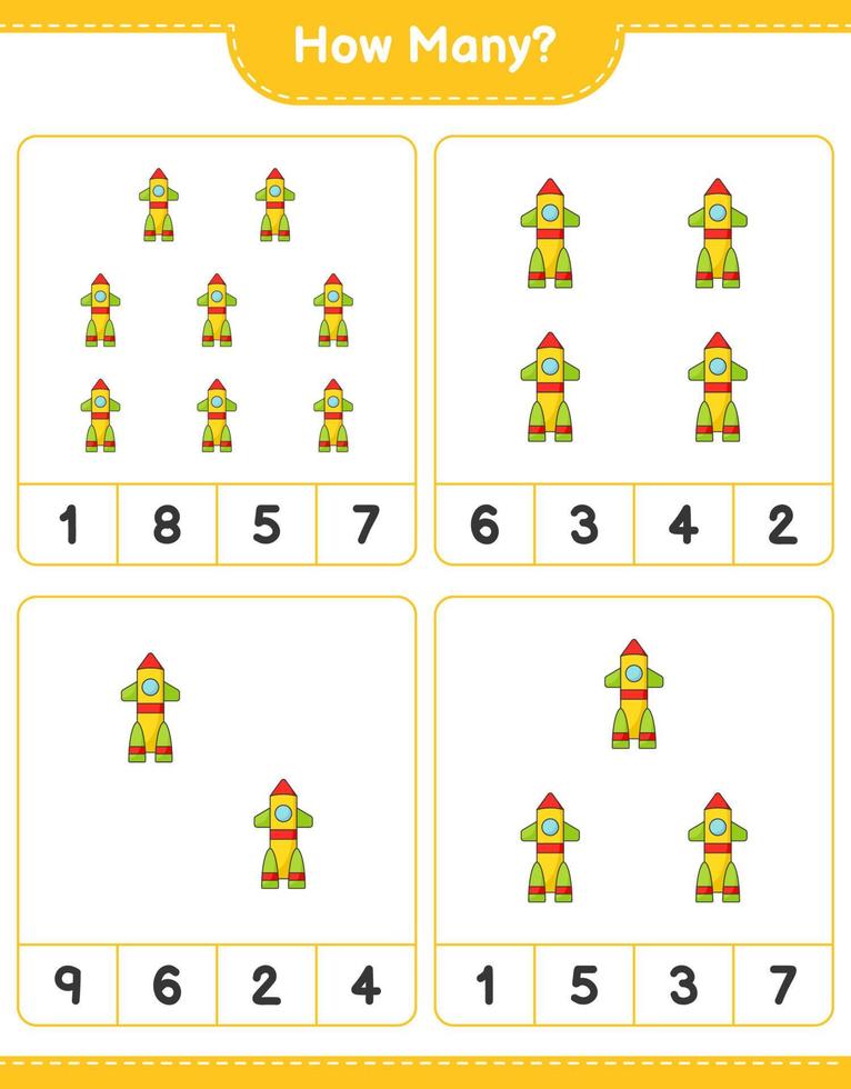 Counting game, how many Rocket. Educational children game, printable worksheet, vector illustration